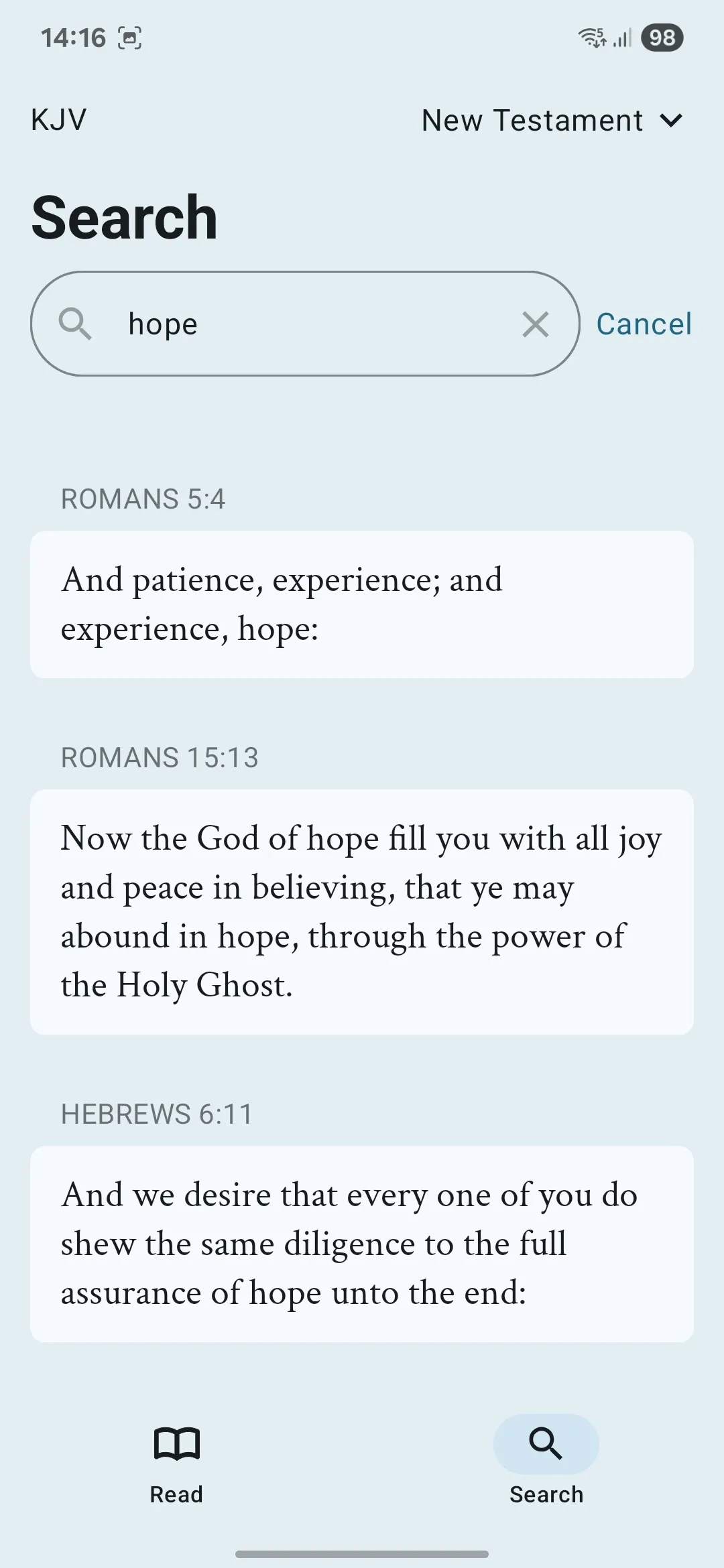 Screenshot of the search function of the Vector Bible app
