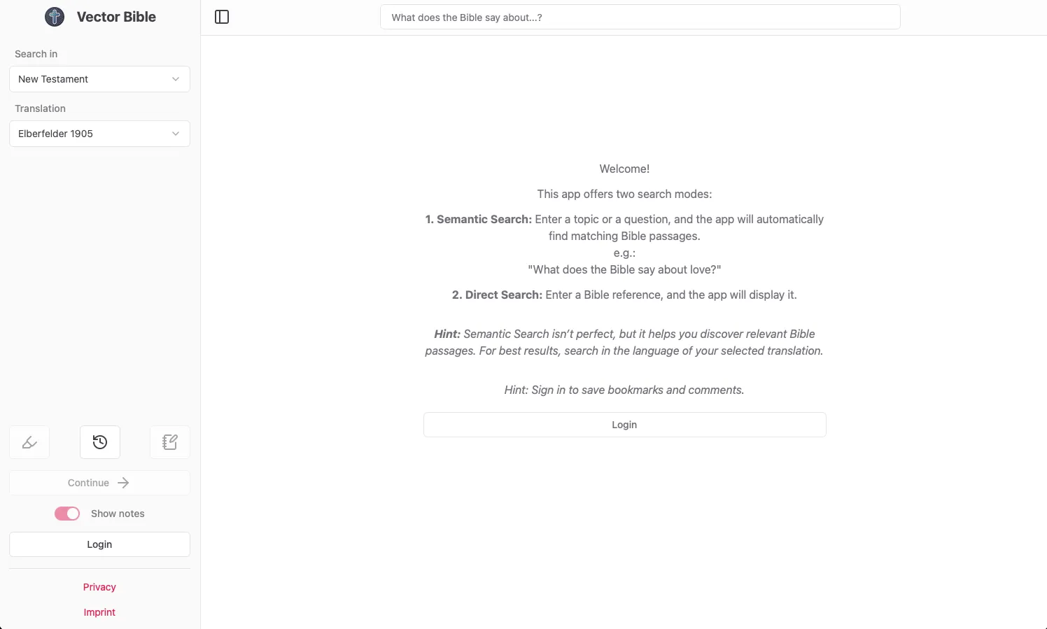 Screenshot of the Vector Bible web app